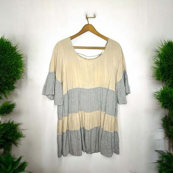 EASEL Prairie Tiered Boho Flowy Relaxed Boxy Flare Sleeve Lace Up Back Dress - Picture 1 of 9